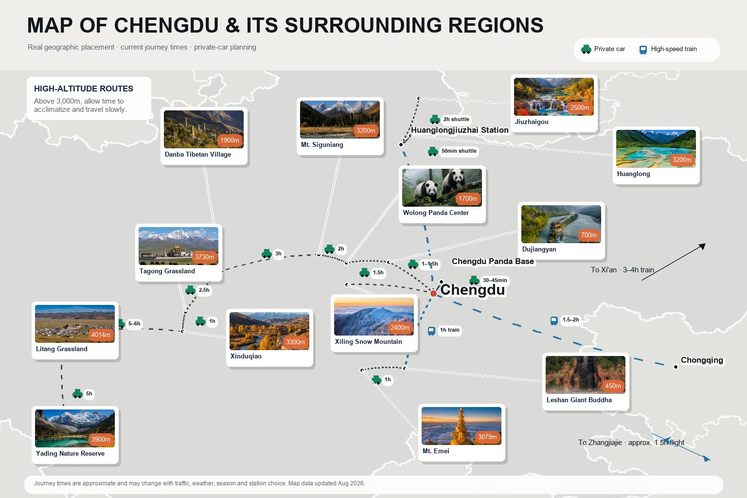 Map of Chengdu and surrounding highlights with drive times