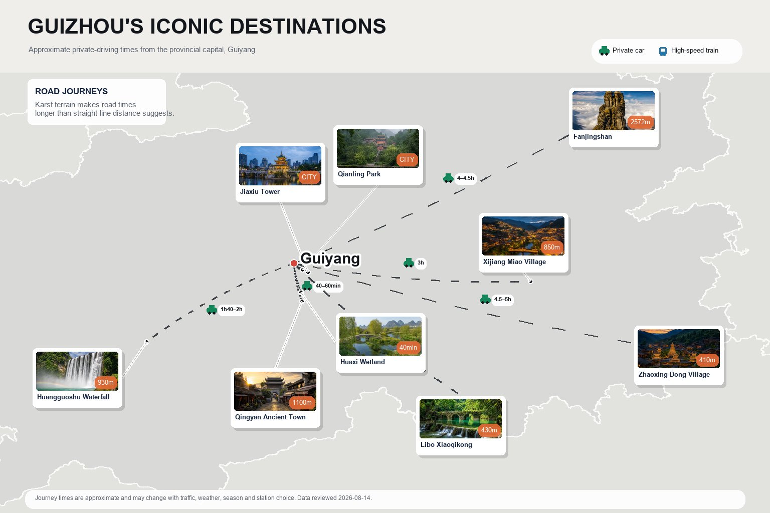Map of Guizhou and surrounding highlights with drive times